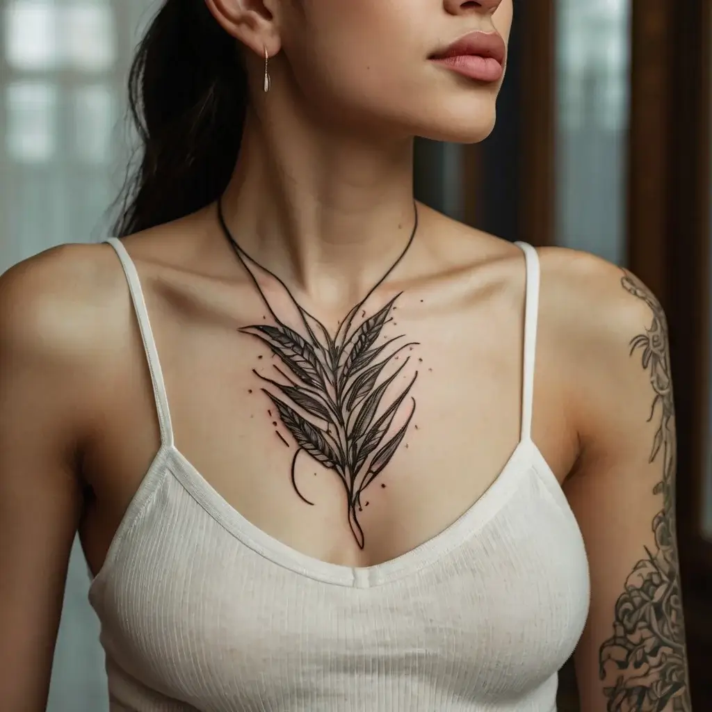 Centered chest tattoo of an elegant leaf with fine lines and stippling details, extending towards the shoulders.