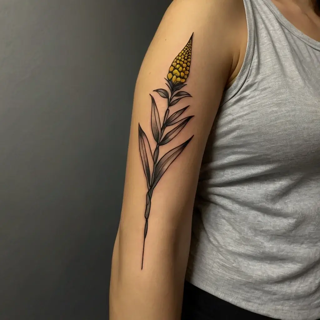 Arm tattoo of a stylized plant with detailed leaves and a yellow flower bud, emphasizing natural elegance.