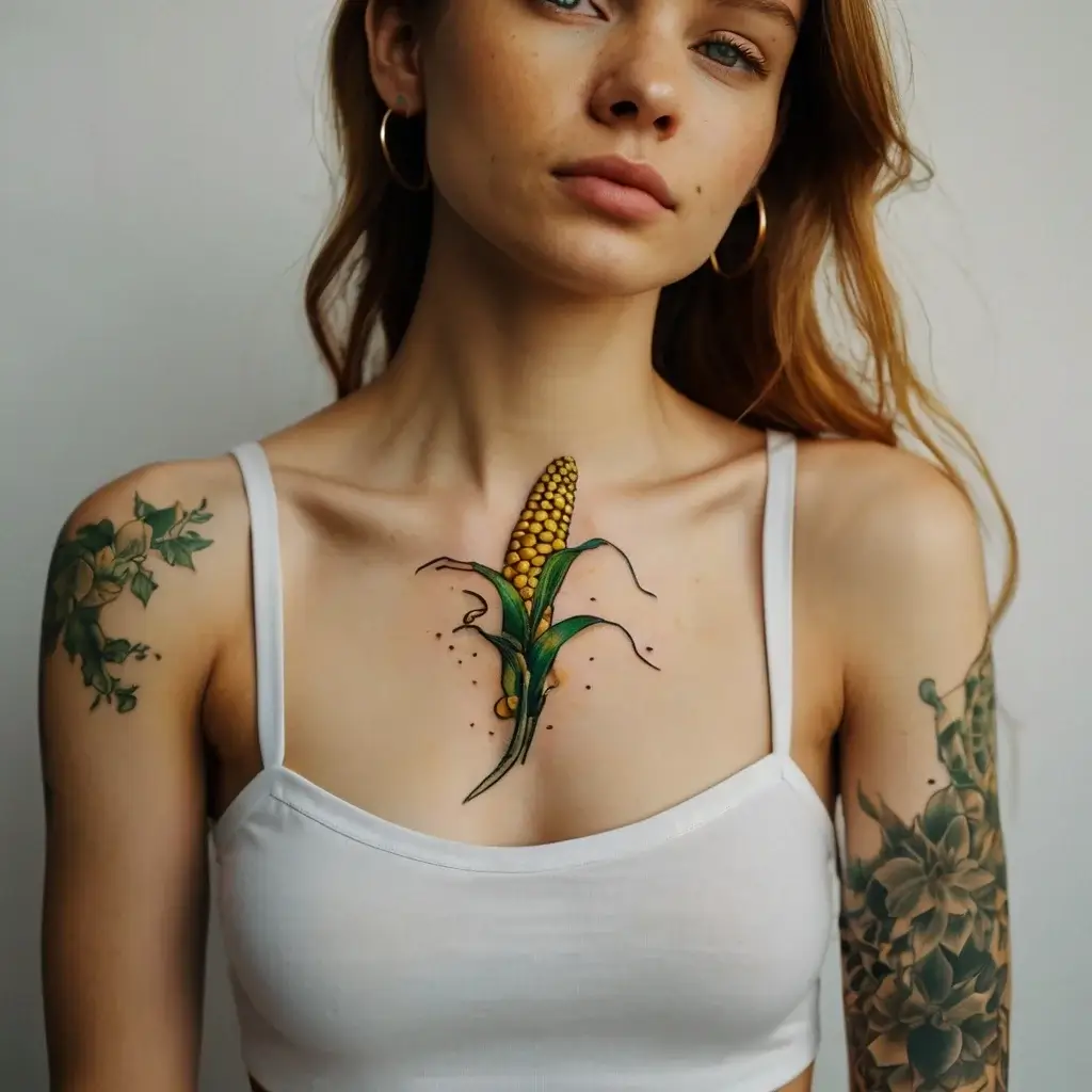 Colorful corn tattoo on chest, symbolizing growth and harvest, with lush green leaves.