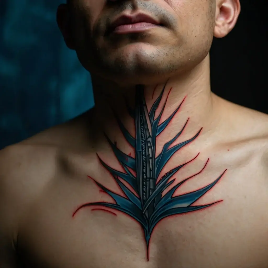 Geometric and abstract neck tattoo in black and blue with sharp, branching patterns extending across the chest.