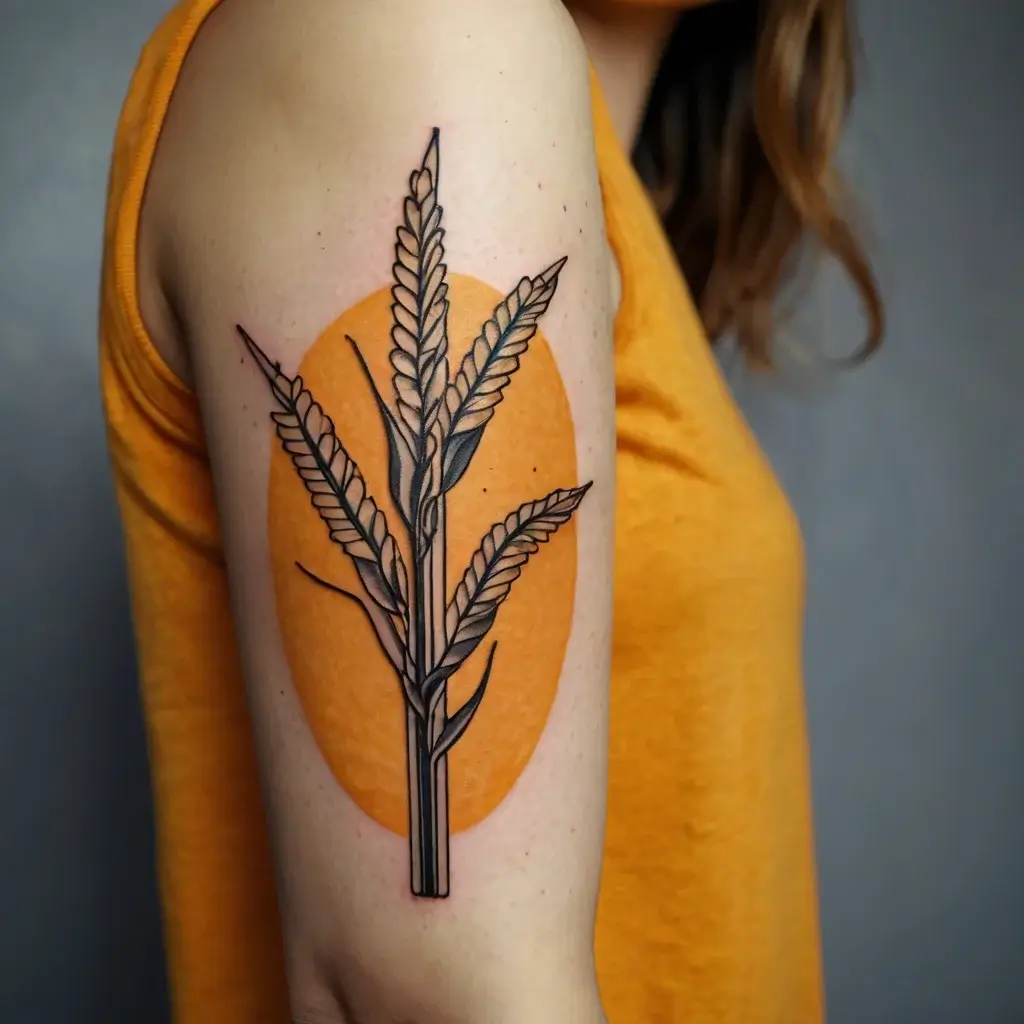 Tattoo of detailed wheat stalks in black ink with a bold orange oval background on upper arm.