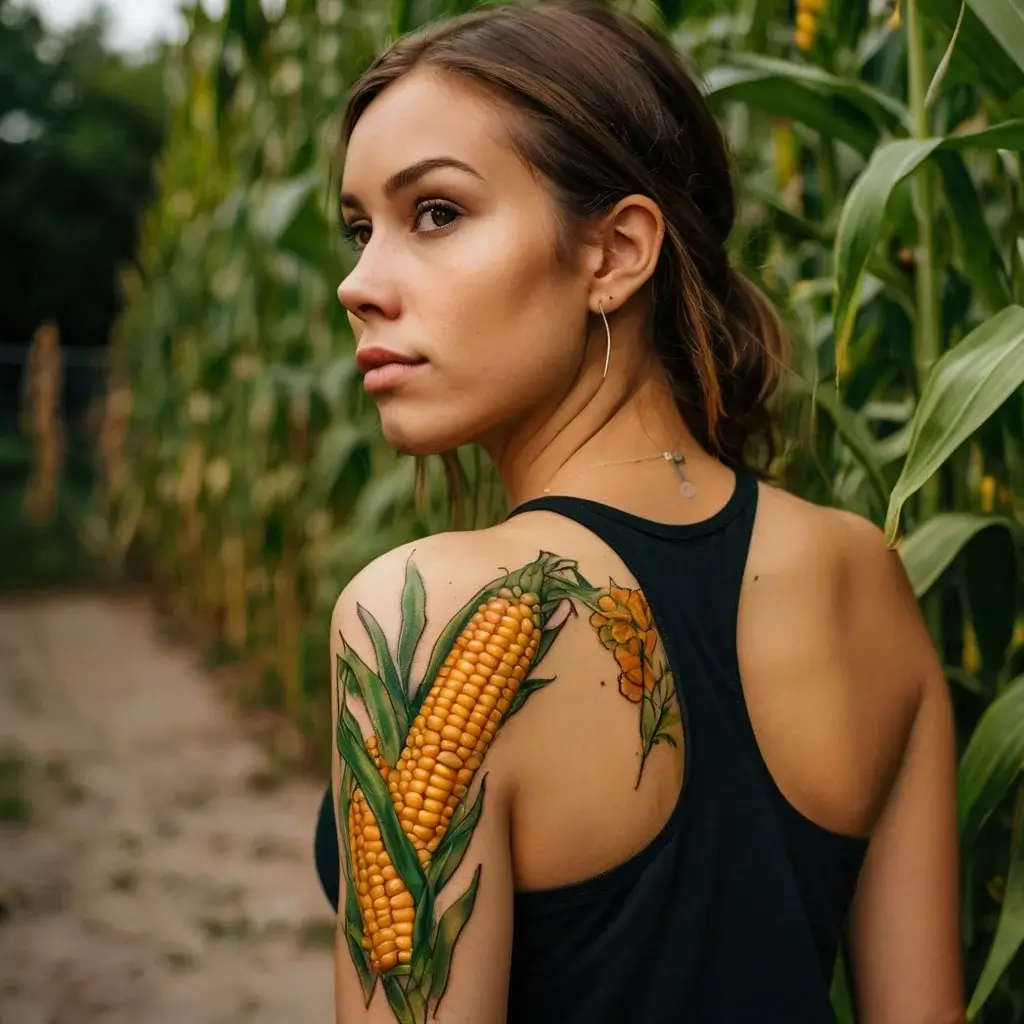 Tattoo of a vibrant corn stalk with green leaves wraps around the shoulder, highlighting detailed kernels in yellow hues.