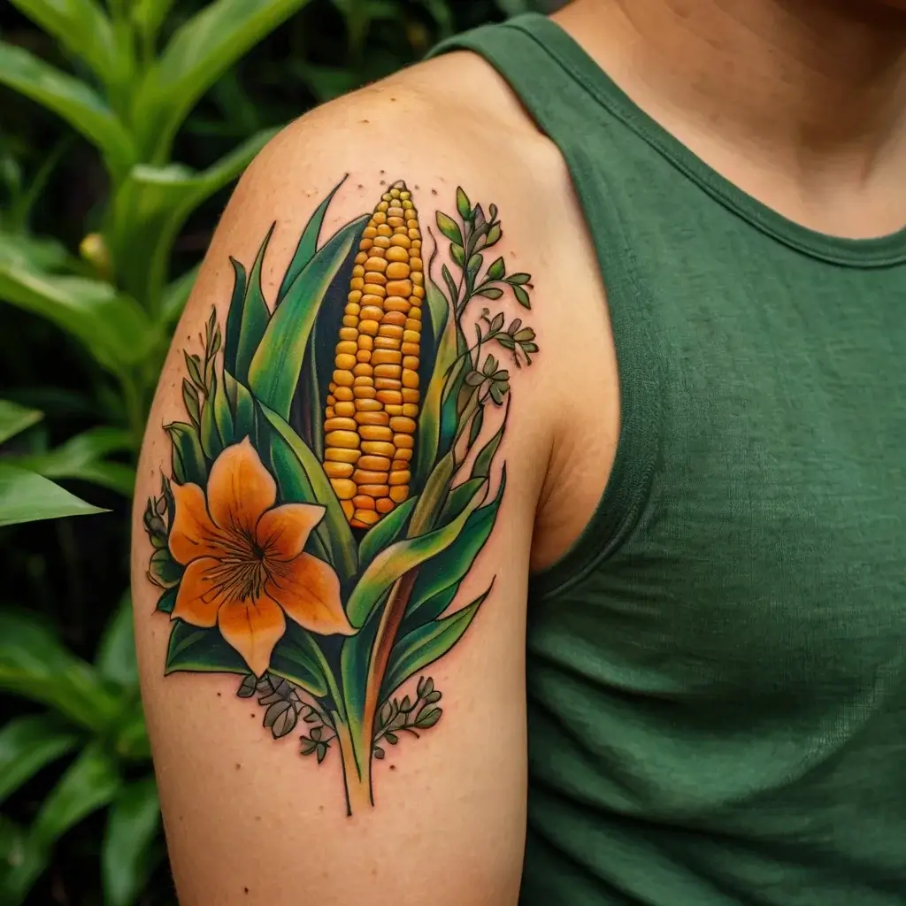 Colorful tattoo of a corn stalk with leaves and an orange lily on a shoulder, blending nature elements vividly.