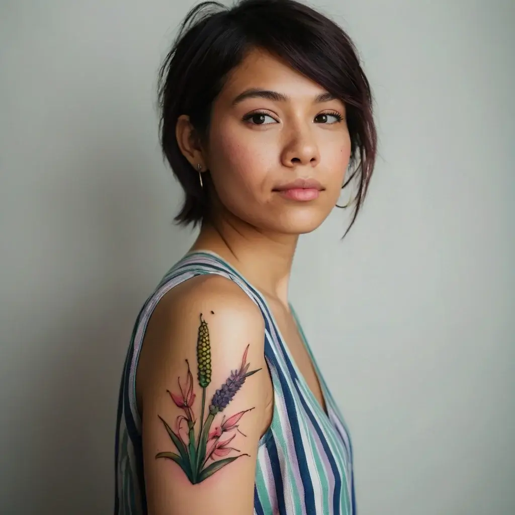 Floral tattoo featuring colorful stalks of lavender, corn, and pink flowers on upper arm, showcasing vibrant nature-inspired art.