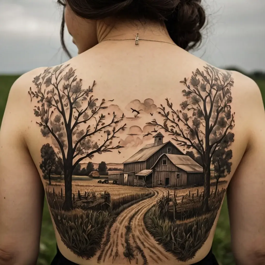 Back tattoo depicting a rural scene with a barn, trees, and a winding path under a cloudy sky with birds.