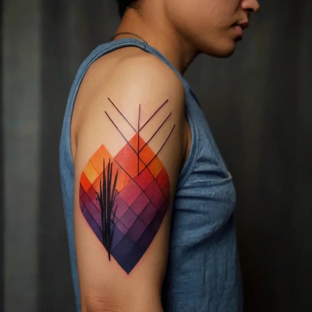 Geometric tattoo with a colorful sunset gradient and black linear accents on the upper arm, blending modern and abstract styles.