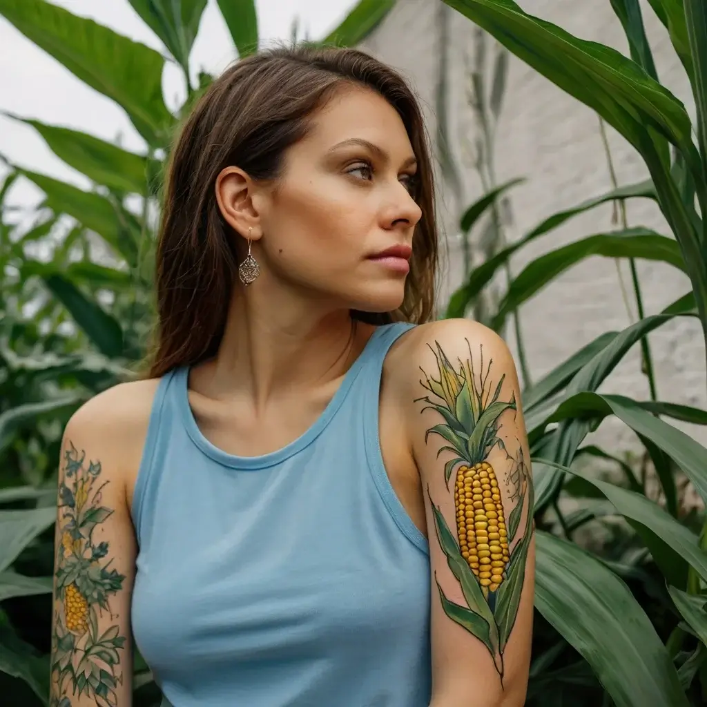 Tattoo of a vibrant corn plant with detailed green leaves and yellow kernels on a woman's upper arm, capturing nature's beauty.