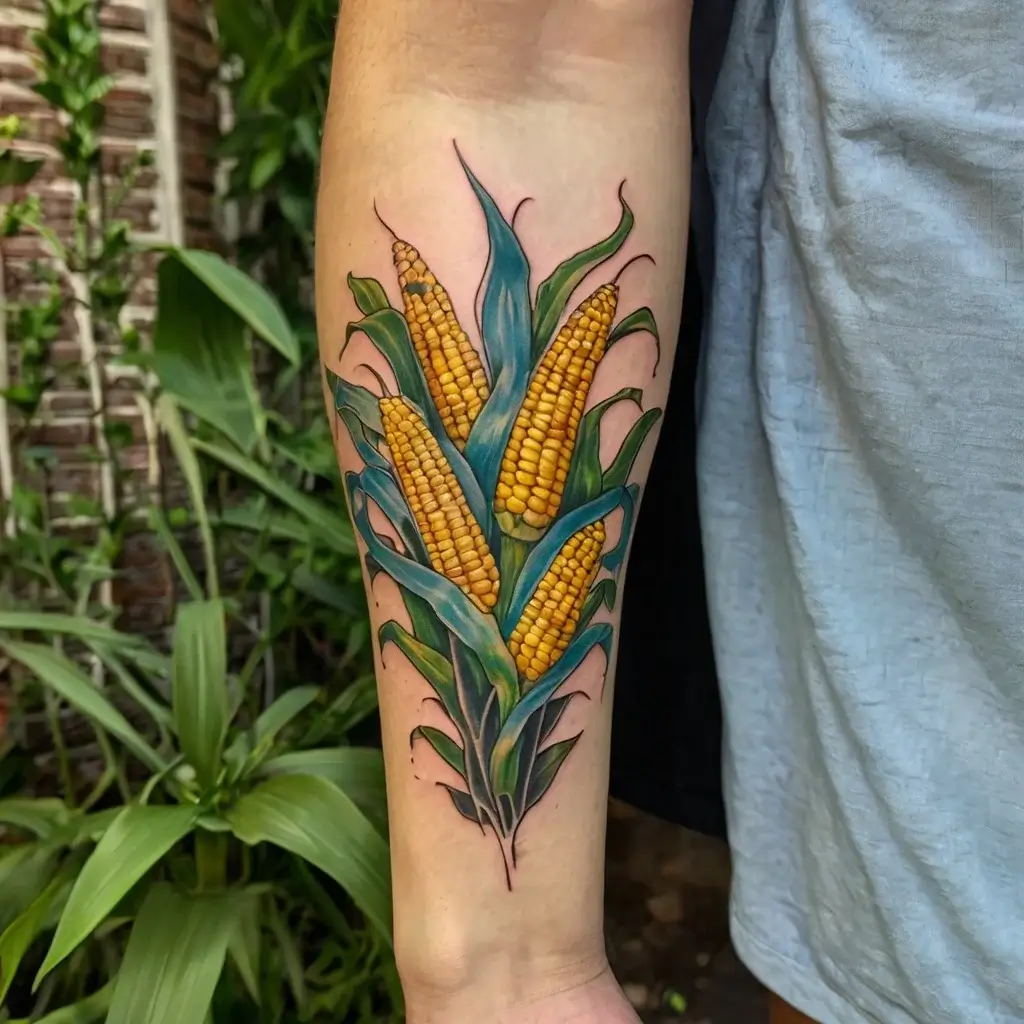 Realistic corn stalk tattoo with vibrant yellow kernels and lush green leaves on forearm.