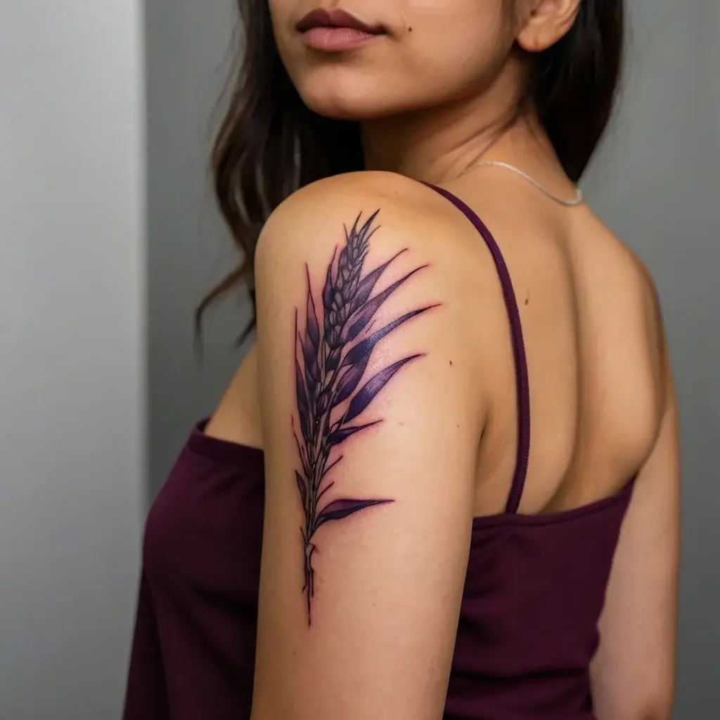 A delicate tattoo of a wheat stalk with intricate shading; bold outlines accentuate the natural curves on the upper arm.