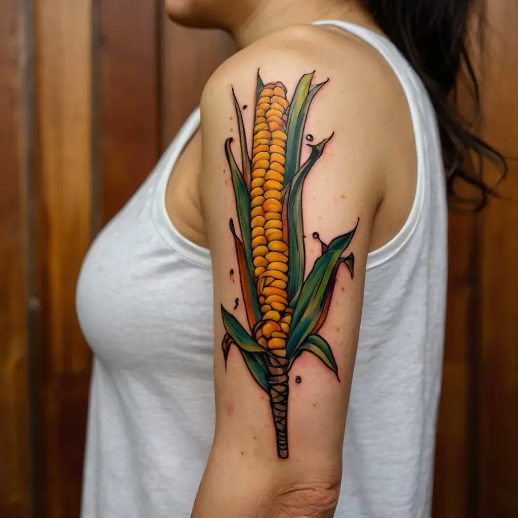 Colorful tattoo of a corn stalk with vibrant yellow kernels and green leaves on the upper arm, outlined in black.