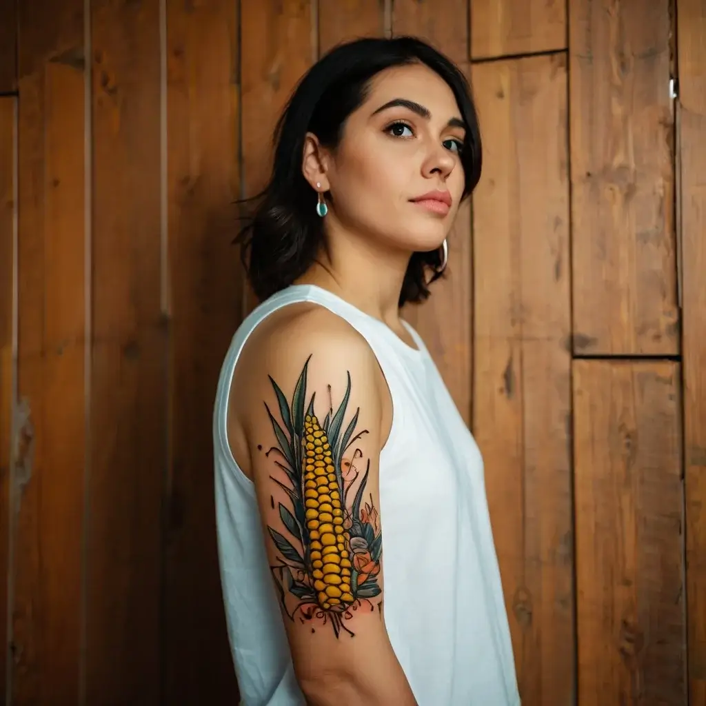 Colorful tattoo of a corn cob with green leaves and floral accents, wrapped around the upper arm, vibrant and detailed.