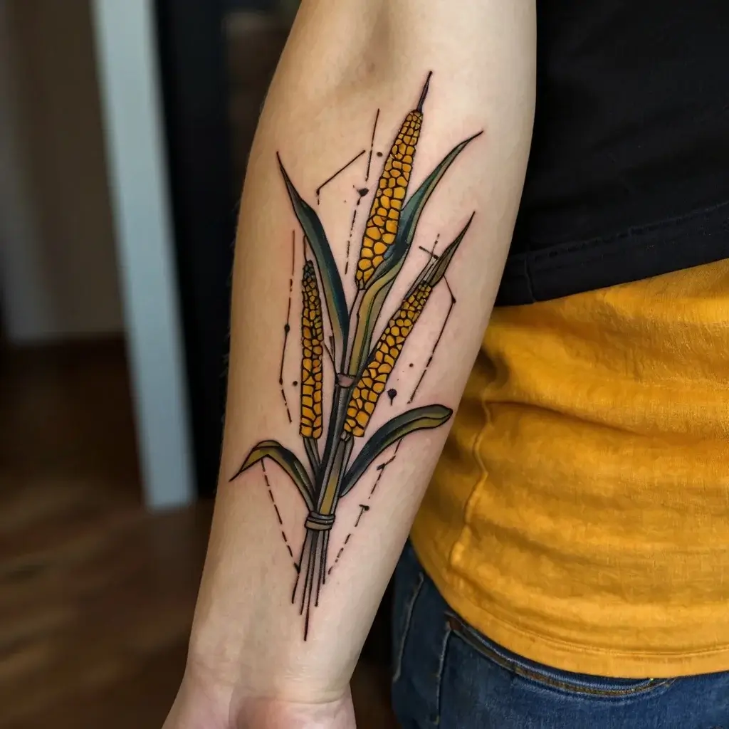 Stylized tattoo of yellow wheat stalks with green leaves and geometric lines on the forearm.