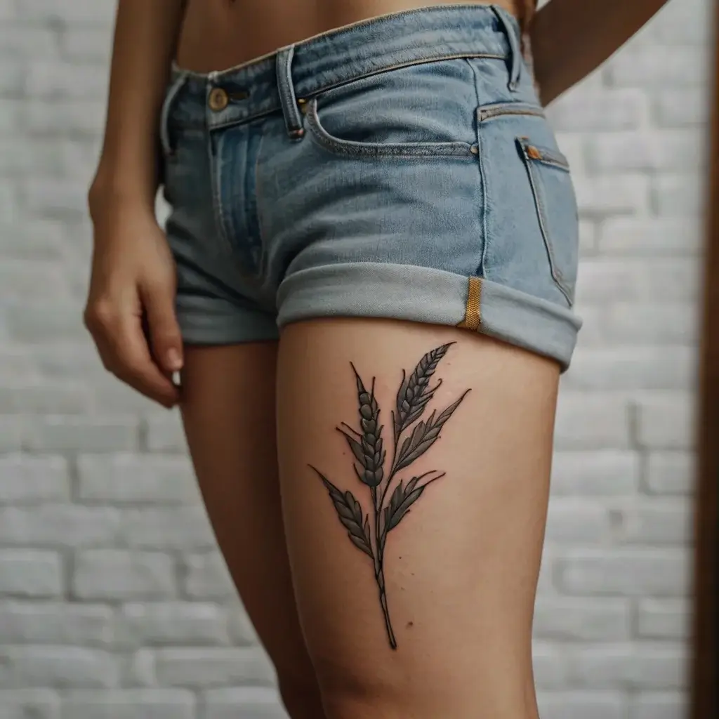 Thigh tattoo of detailed wheat stalks in black ink, symbolizing growth and abundance against the skin.