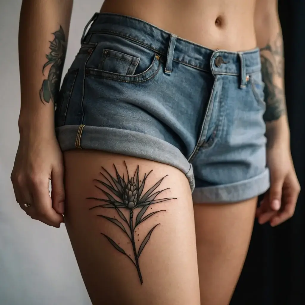 Black and gray thistle tattoo on thigh, with fine line detailing and delicate shading for a subtle, elegant look.