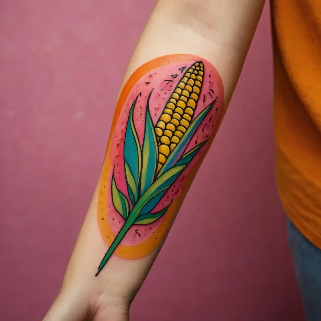 Colorful corn tattoo with vibrant blue-green leaves, set against a pink and orange abstract background on the forearm.