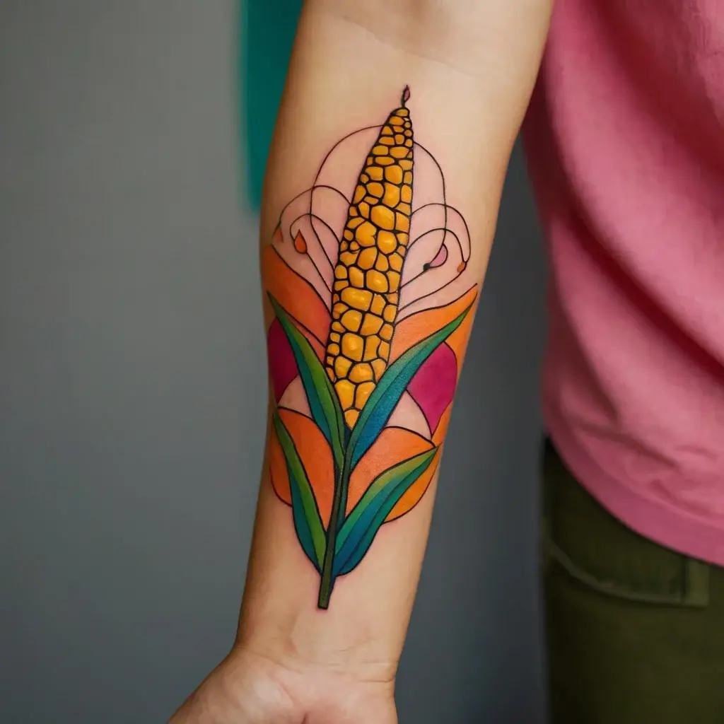 Tattoo of a vibrant corn cob with stylized leaves, blending orange, green, pink hues, and elegant linework on the forearm.