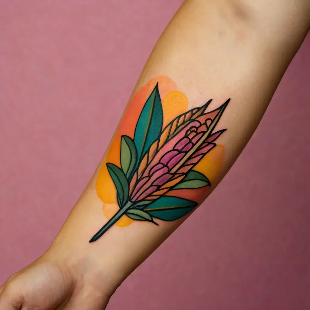 Tattoo of a stylized pink flower with green leaves, outlined in black, over a watercolor-style orange and yellow splash.