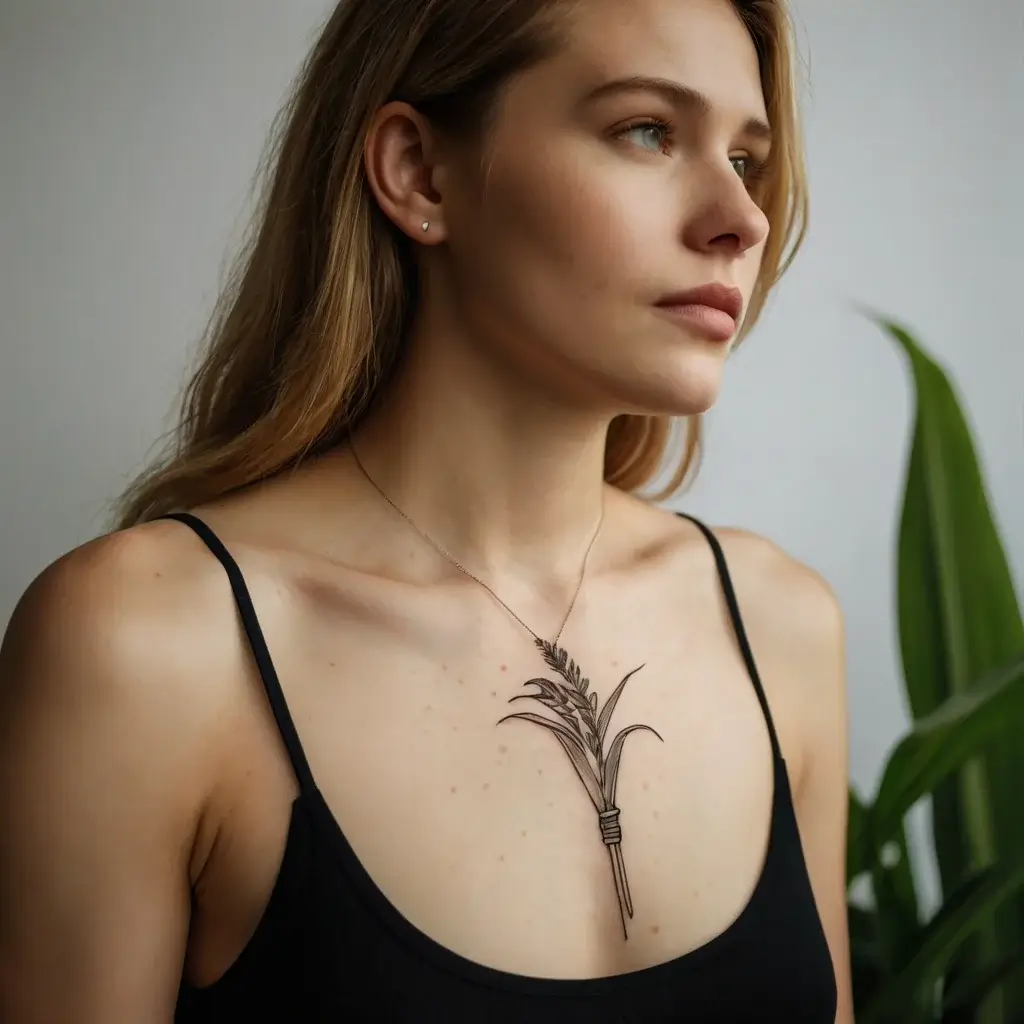 Elegant line-art tattoo of intertwined botanical elements, resembling wheat and foliage on the chest.