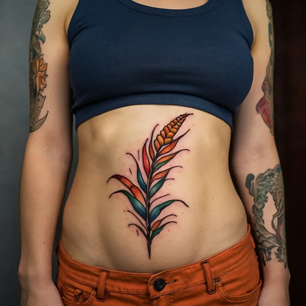 Abstract plant tattoo with bold red and teal leaves on torso, featuring a central vertical stem.