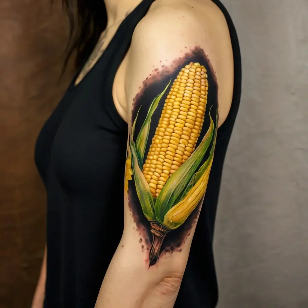 Realistic corn tattoo on upper arm, featuring vivid yellow kernels with green husks, set against a dark shaded background.