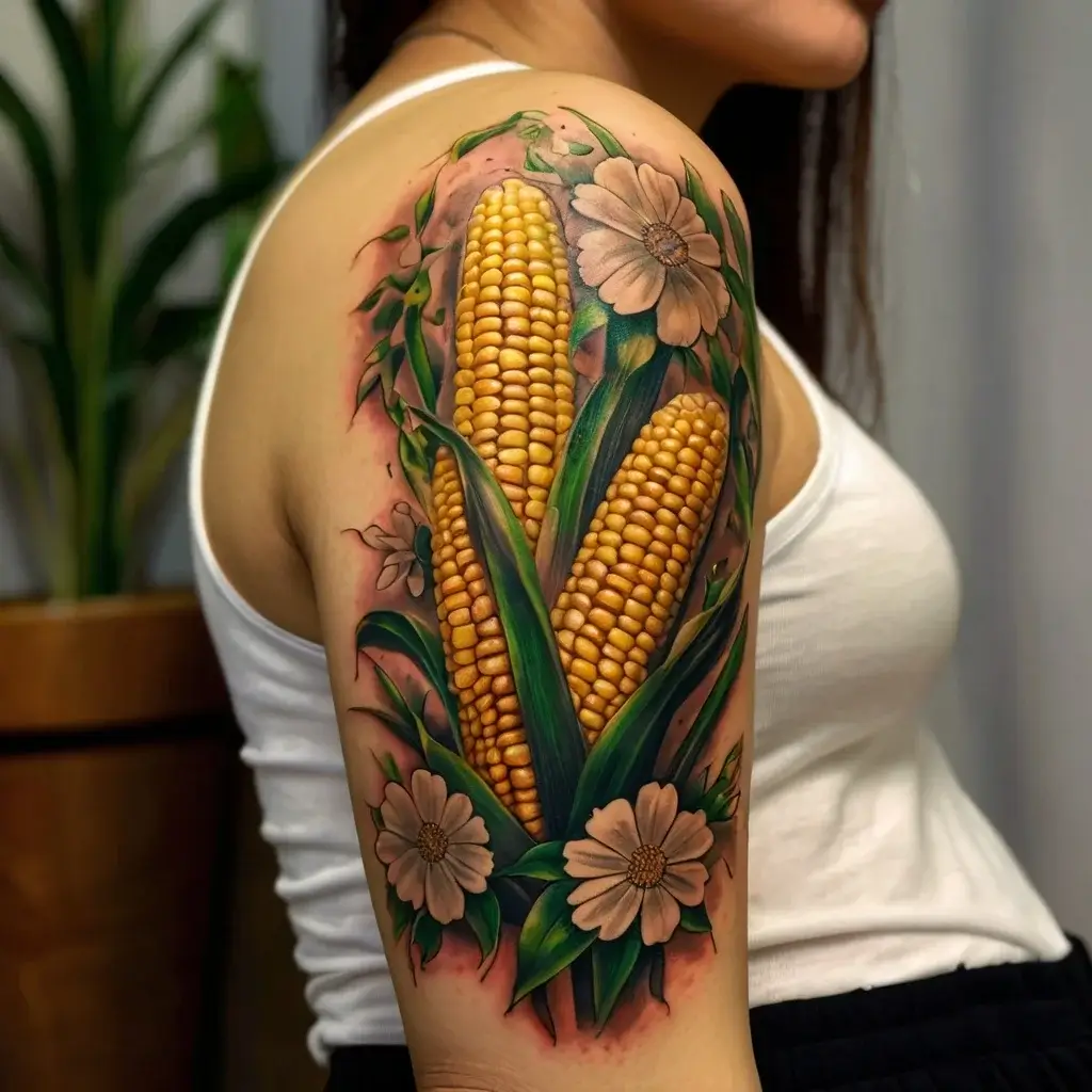 Tattoo of vibrant corn cobs surrounded by lush green leaves and delicate flowers on the upper arm.