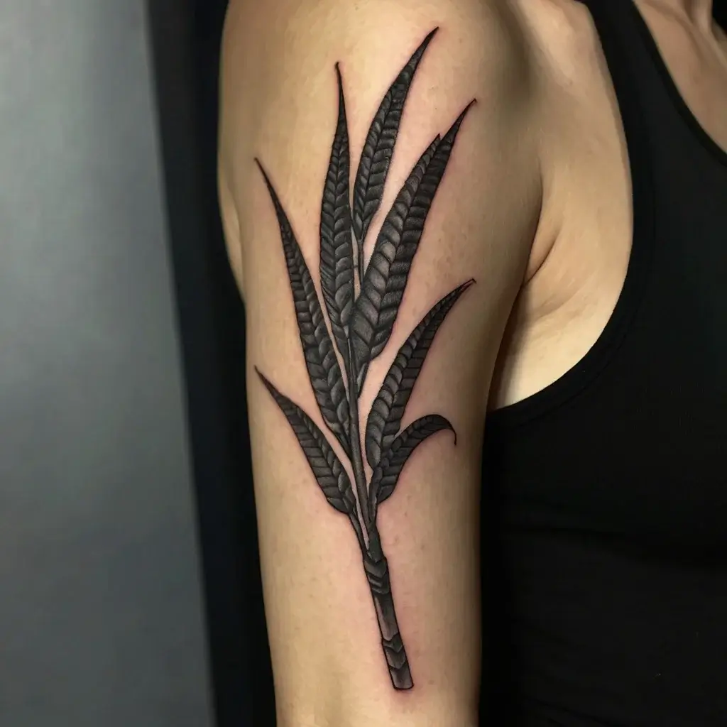 Black ink bamboo tattoo with detailed shading and textured leaves on upper arm, blending realism and stylized design.