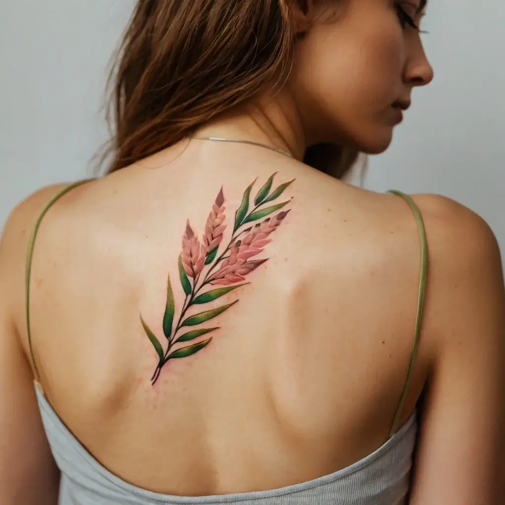 A realistic tattoo of delicate pink flowers and green leaves branching upward on a woman's upper back.