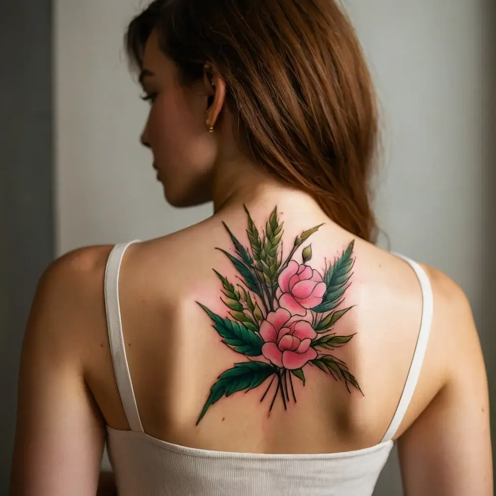 Colorful floral tattoo with pink peonies and green leaves accentuating her upper back, displaying elegance and artistry.