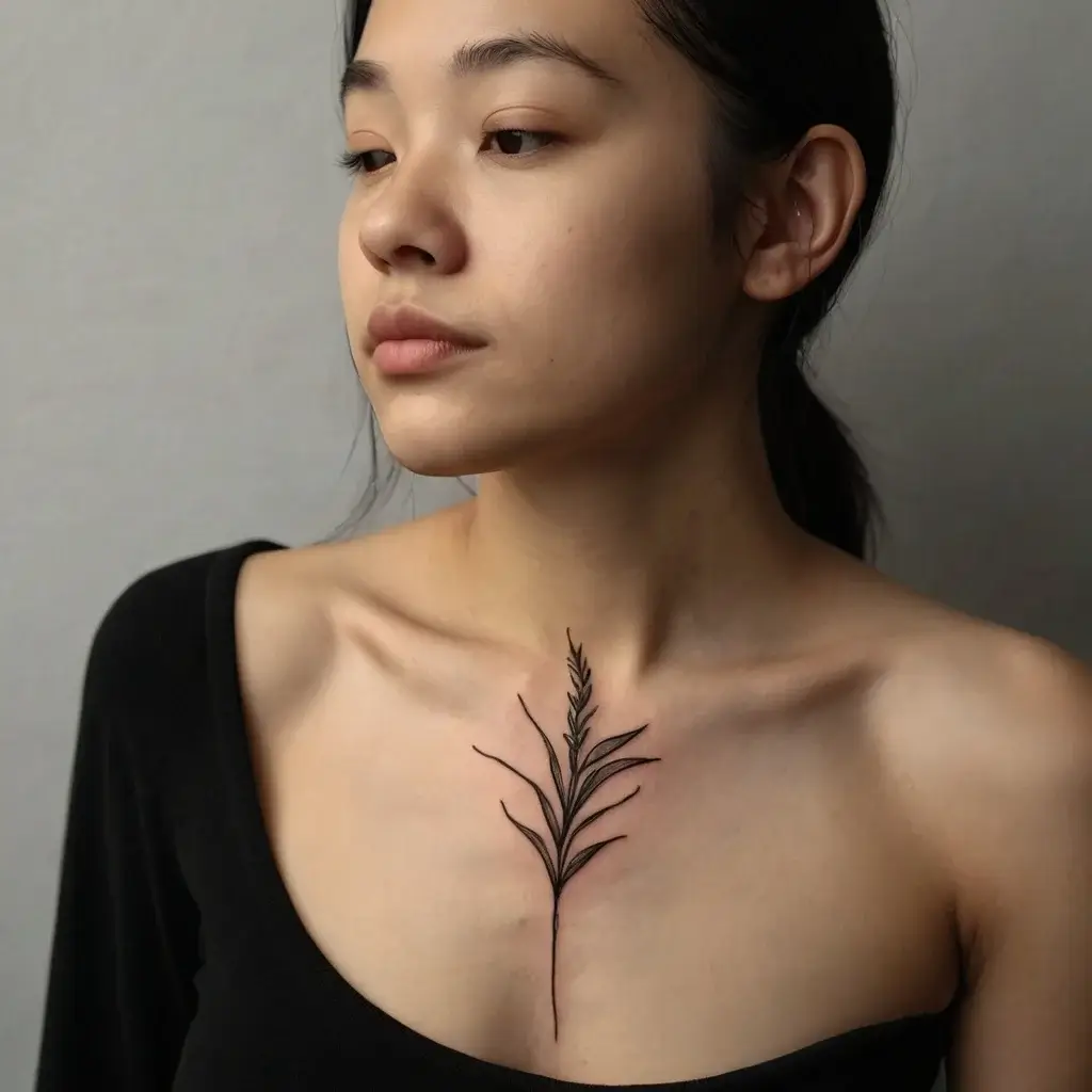 Delicate black ink tattoo of a single branch with leaves on the upper chest, emphasizing elegance and simplicity.