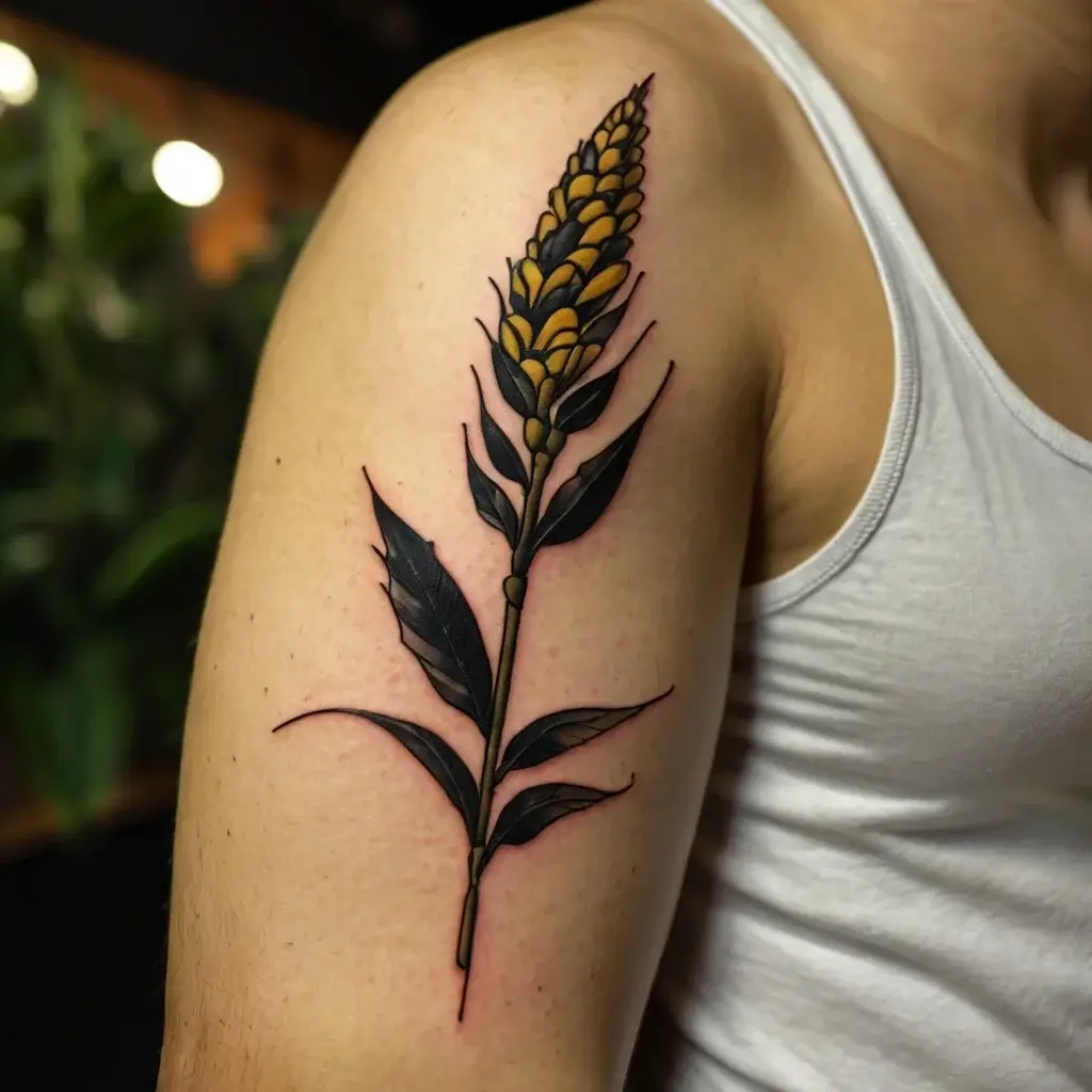 Stylized wheat tattoo on upper arm, featuring a golden grain head and dark leaves, highlighting contrast and detail.