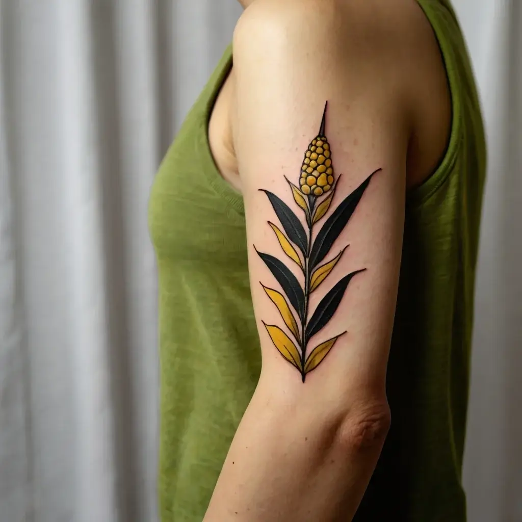 Tattoo of a stylized plant with black and yellow leaves and a textured bud on the arm, combining bold lines and earthy tones.