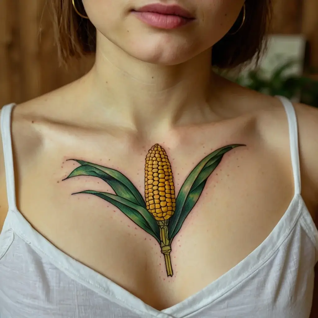 Tattoo of a vibrant ear of corn with green leaves on chest, showcasing detailed shading and bright colors for realism.