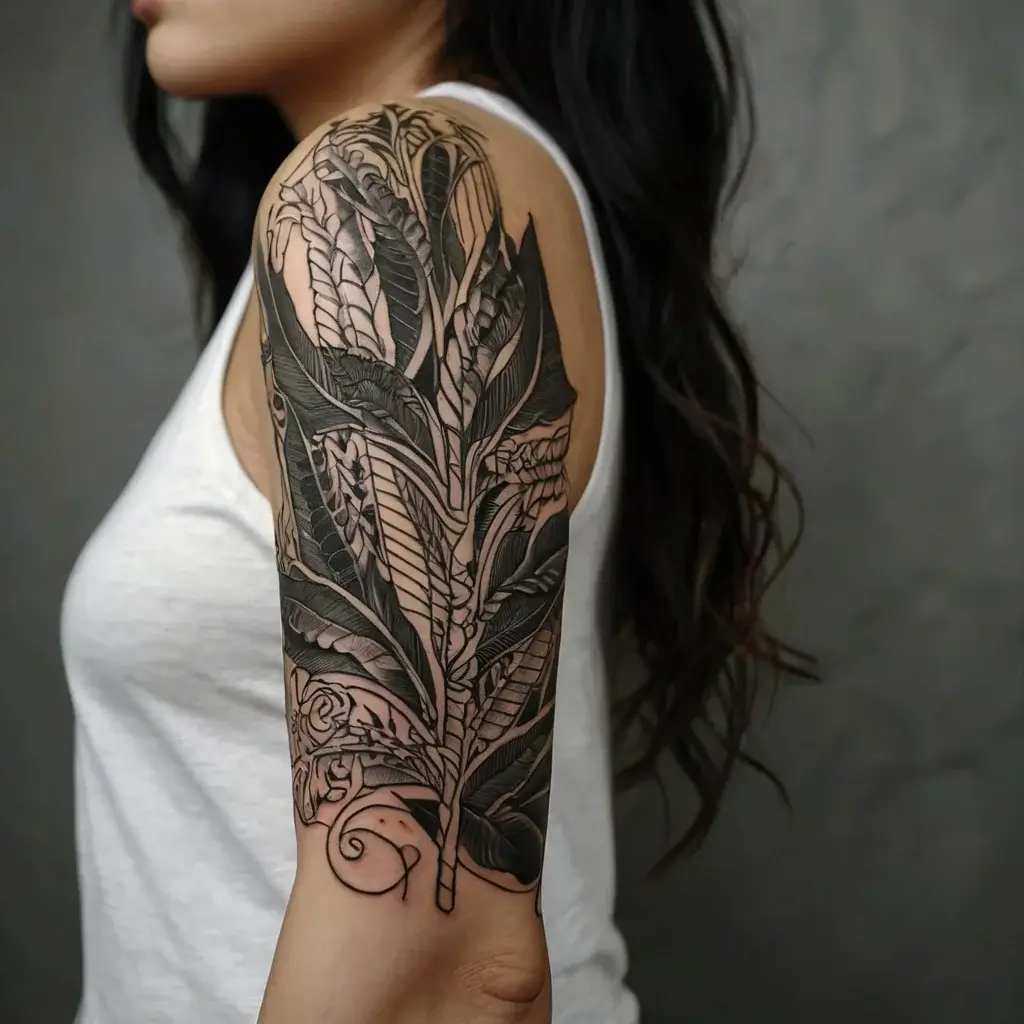 Detailed black leaf tattoo covers the upper arm, featuring intricate patterns and swirling tribal elements.