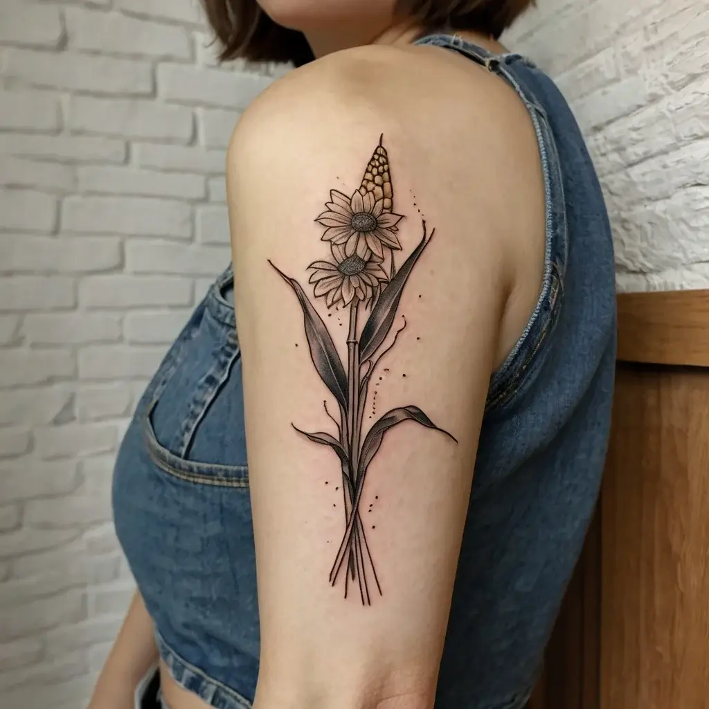 A detailed floral tattoo on the upper arm, featuring a stem with leaves, a daisy, and a wheat sprig, all in black ink.