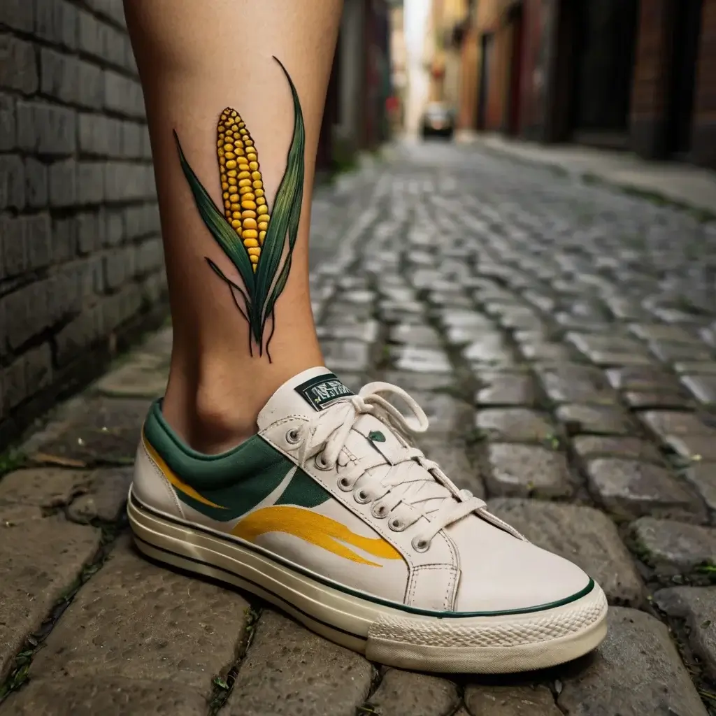 Tattoo of a realistic corn cob with green husks on a leg, set against a cobblestone path.