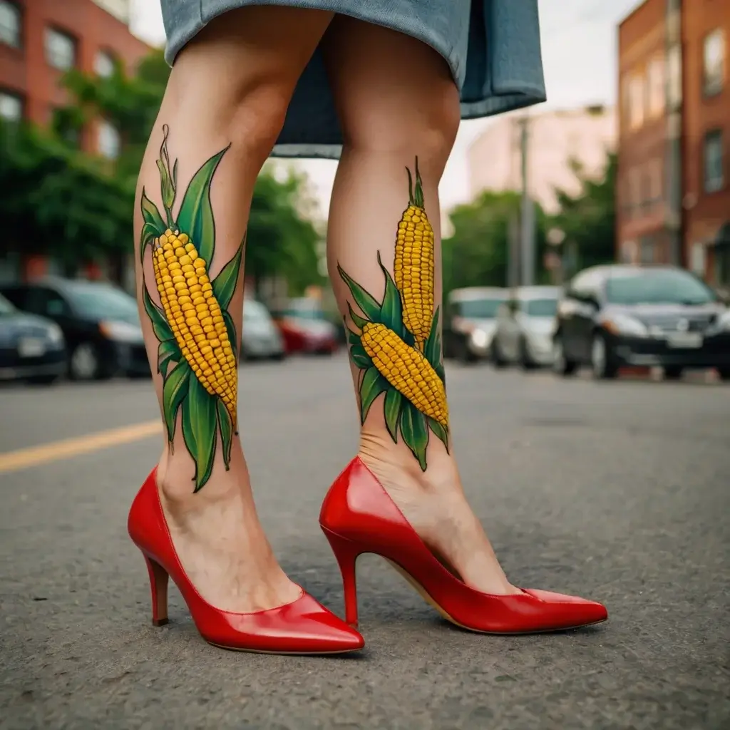 Vibrant corn tattoo on calf with rich yellow kernels and lush green husks, contrasting with red heels.