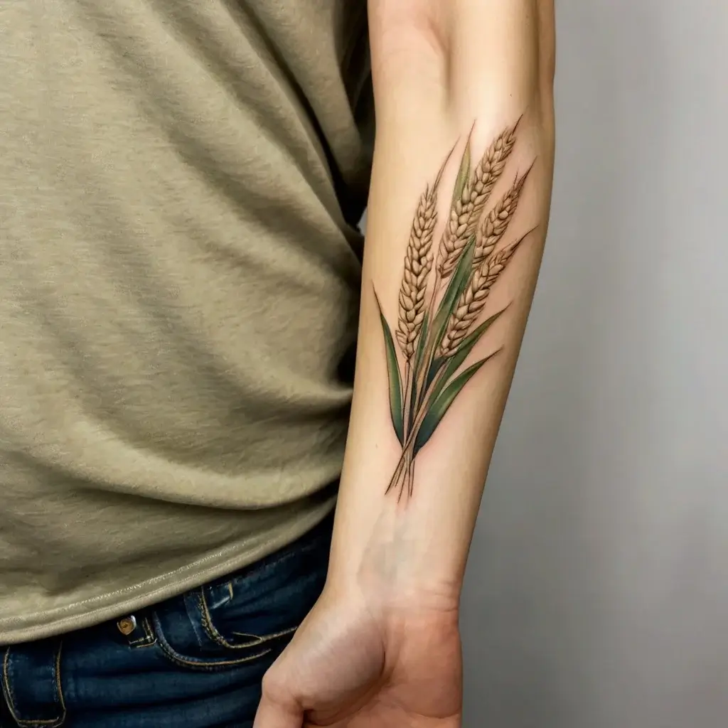 Realistic wheat tattoo with detailed stalks and grains, symbolizing abundance, inked on the forearm.