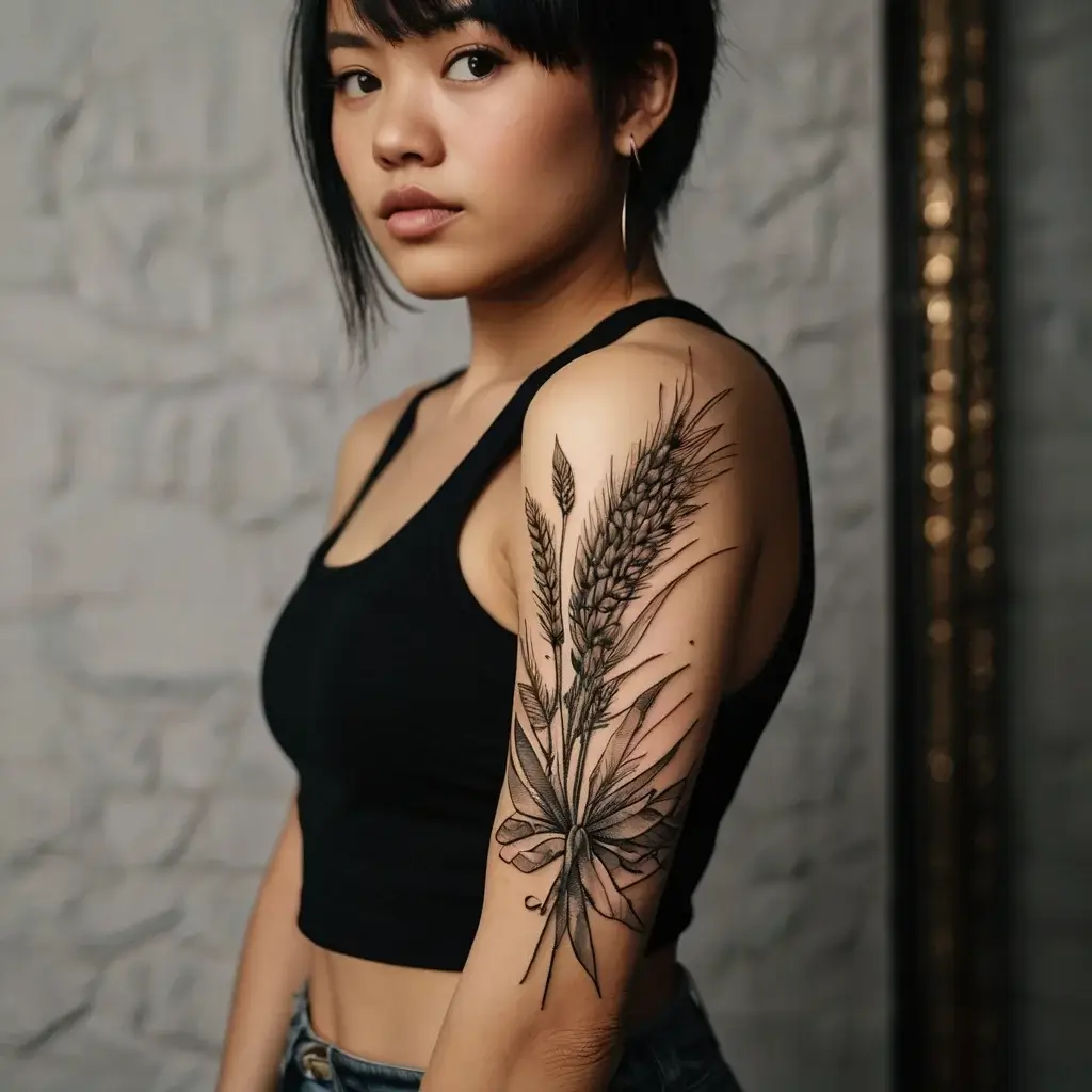 Tattoo of detailed wheat stalks and leaves on upper arm, symbolizing abundance and growth in monochrome ink.