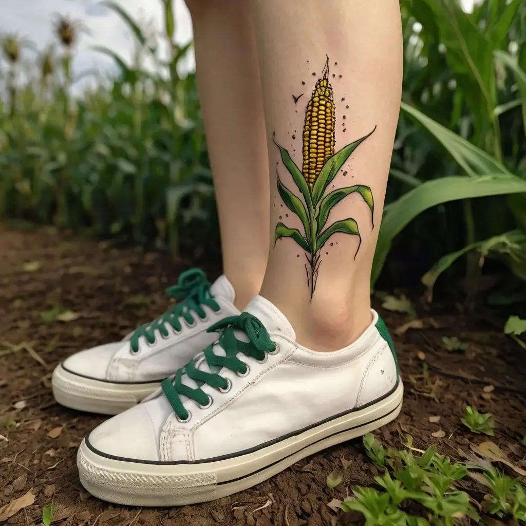 Tattoo of a vibrant ear of corn with green leaves on the leg, set against a natural background, symbolizing growth.