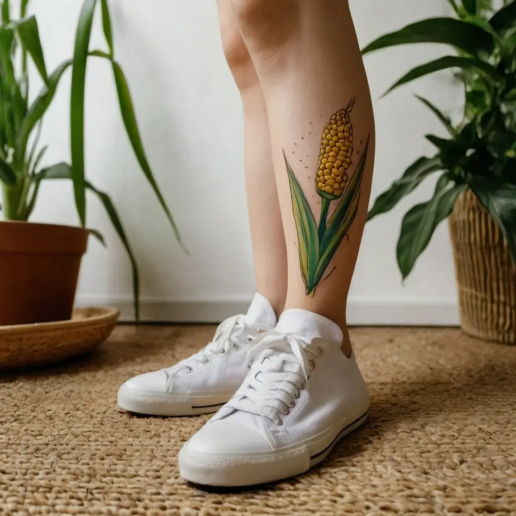 Tattoo of a vibrant yellow corn cob with green leaves on a calf, blending realistic and illustrative styles.