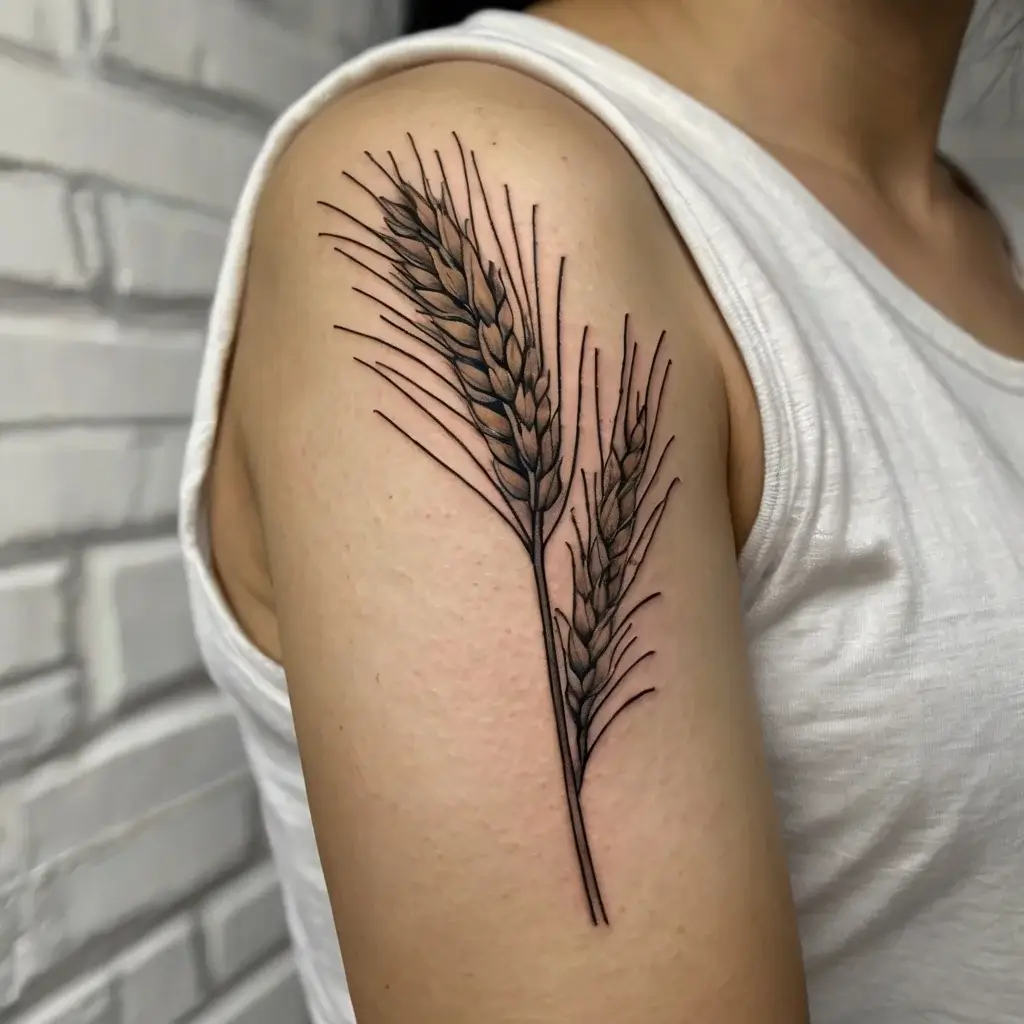 Tattoo of two detailed wheat stalks on upper arm in fine line style, symbolizing growth and harvest.