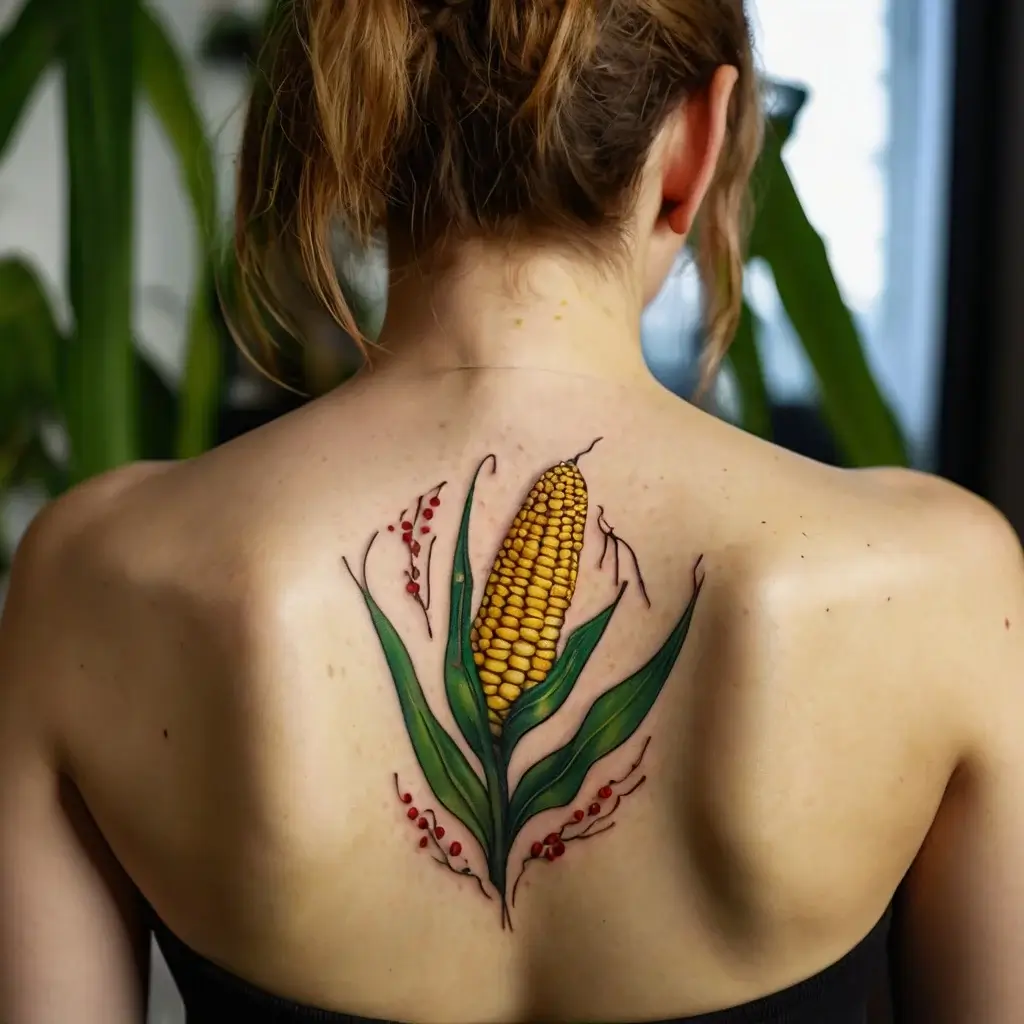 Tattoo of corn on the back, detailed yellow kernels and green leaves, accented by red berries for a vibrant, earthy feel.