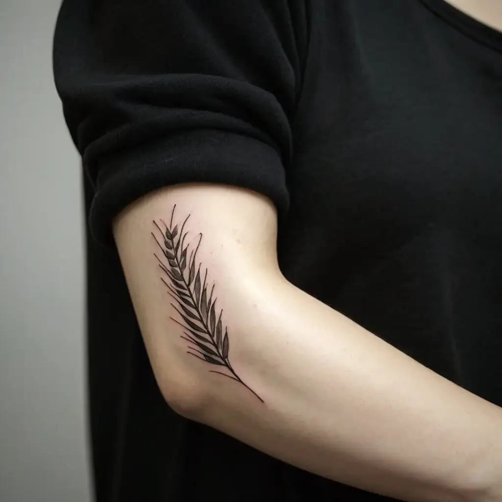 Minimalist fern tattoo on inner arm, featuring fine lines and delicate leaf details for an elegant look.