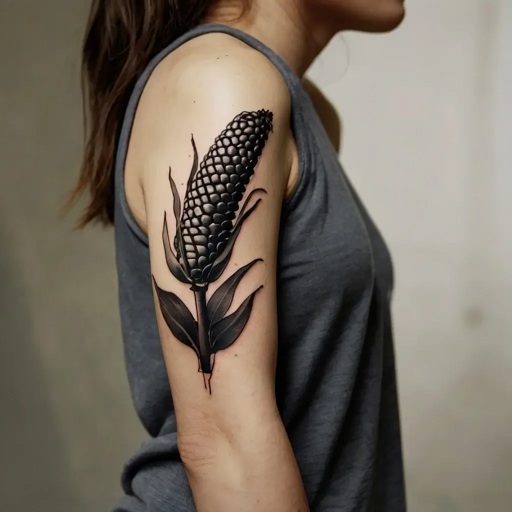 Tattoo of a detailed corn plant on the upper arm, showcasing intricate shading and bold black ink.