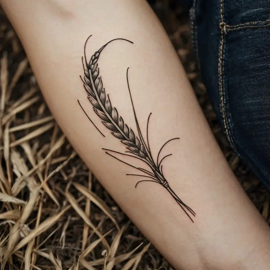 Black ink wheat stalk tattoo on forearm, featuring detailed shading and thin, delicate lines for a minimalist look.