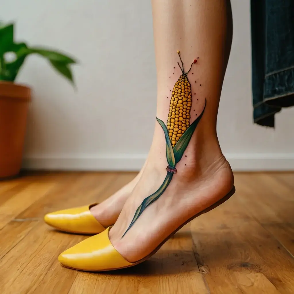 Tattoo of vibrant corn with husk on ankle; realistic style with bold colors and fine detail, symbolizing abundance.