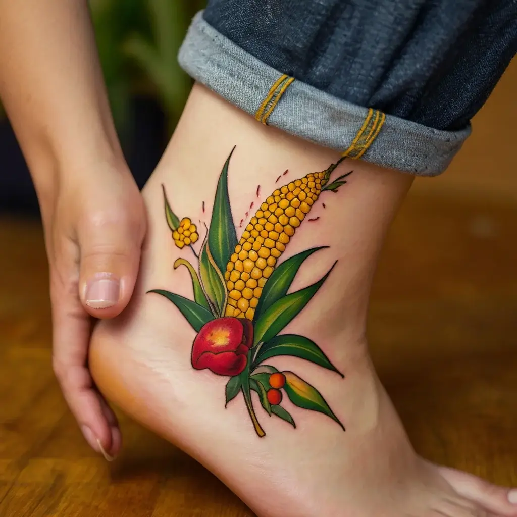 A vibrant tattoo of corn, flowers, and leaves on an ankle. Rich colors pop with bold outlines, showcasing nature-inspired art.