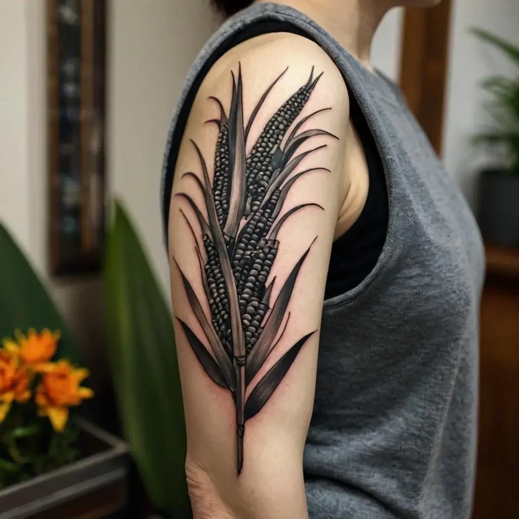 Stylized black and gray botanical tattoo of corn stalks with leaves, covering the upper arm, showcasing intricate detail.