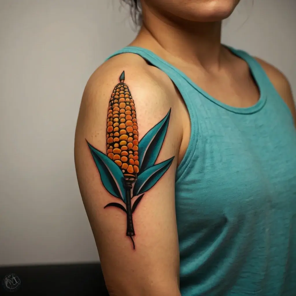 Tattoo of an ear of corn with vibrant orange kernels, blue-green leaves, and bold outlines on upper arm.