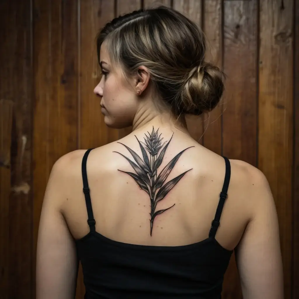 Black ink fern design on upper back, detailed with fine lines and shading, creating a natural and elegant look.